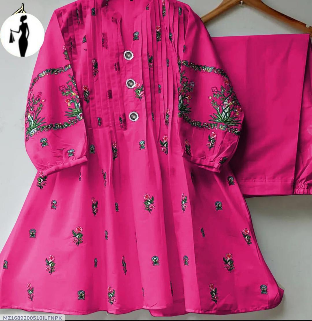 2 Pcs Women's Stitched Cotton Embroidered Shirt and Trouser