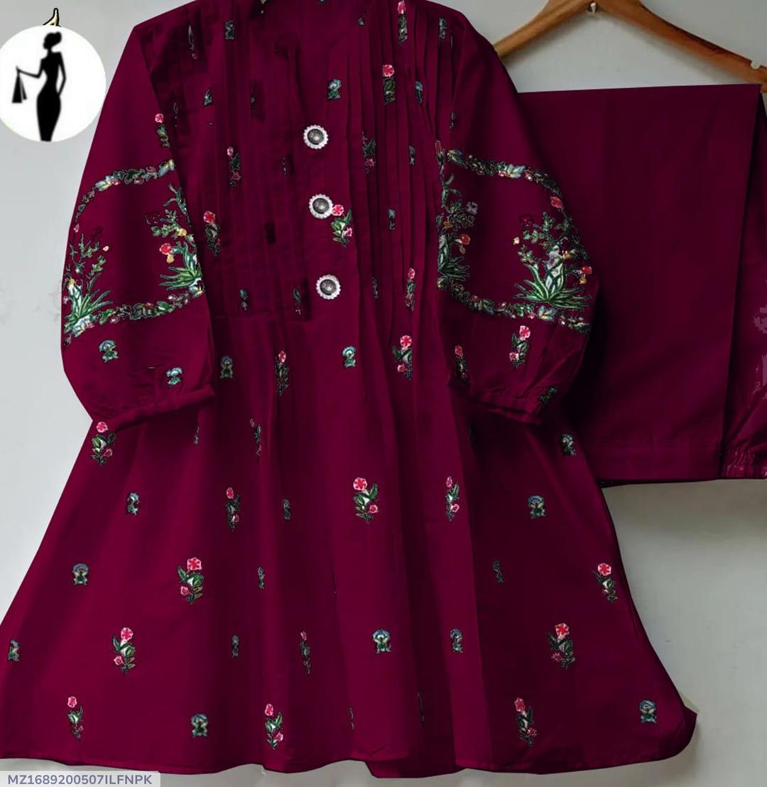 2 Pcs Women's Stitched Cotton Embroidered Shirt and Trouser