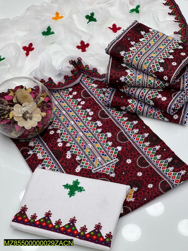 3 Pcs Women Unstitched Cotton Embroidered Suit